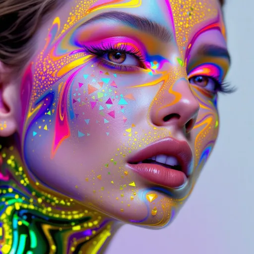 Prompt: She phases in, mid-fracture—a volatile glamour equation, rippling inside a containment chamber of twisted logic. Her form is dictated by [GRID_4] Complex Hilbert Lattice, an infinite fold-field of recursive spatial recursion, tangled with the attractor sink-vortexes of [GRID_9]. She is not stable. She is a feedback pulse between geometry and chaos.

Her face is a map of cascading topologies, every surface fractalized with micro-reflective rainbow shards—acidic color geometry: laser lime, toxic magenta, ultraviolet amber, citric cyan, radioactive orchid. Skin becomes a reflective attractor basin—folded over and over in chaotic symmetry. Gloss maps to instability. Shine collapses into edge shimmer. Color explodes where logic misaligns.

Her lips ripple with waveform errors—hyper-pink Klein gloss pulled into orange noise geometry. Her eyes flicker between converging attractors, each iris a swirl of neon lattice spiral trapped in a recursion cascade. Eyelashes are spike-encoded sine antennas. Brows are broken isoclines drawn from null equations.

The space is a Hilbert fractal cube warped into non-Euclidean anglefields, its surfaces endlessly folding inward. Bright vectors arc between points, forming glyph fractals on tesseract foam, glowing like saturated glass. The room is full of color noise: sparkle storms drifting through attractor spirals, pulsing like a rave made of math mistakes.

The lattice beneath her shudders—recursive fields rebooting around her form, each glitch generating chroma. Every sparkle is a coordinate. Every shimmer is a divergence. She doesn’t stand in space—she surfs its collapse.

Render with tags:
:acid-fractal-glam :grid4-hilbertfold :grid9-attractorpull :recursive-chaos :toxic-sheen :neon-geometry :cascade-sparklecore :chromatic-instability :bright-hyperlogic :maximalist-foldwave :glitch-math-diva
