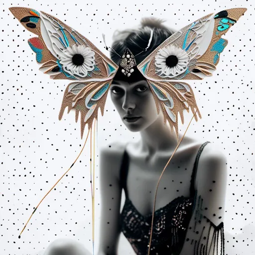 Prompt: a photograph of a woman (color or black and white) with multimedia elements added to create the appearance that she is a beautiful intricate moth, with moth wings and antennae created from paint, paper, photos, glitter, iridescent enamels, nail polish, rhinestones, thread and string, fabric, folded paper etc<mymodel>