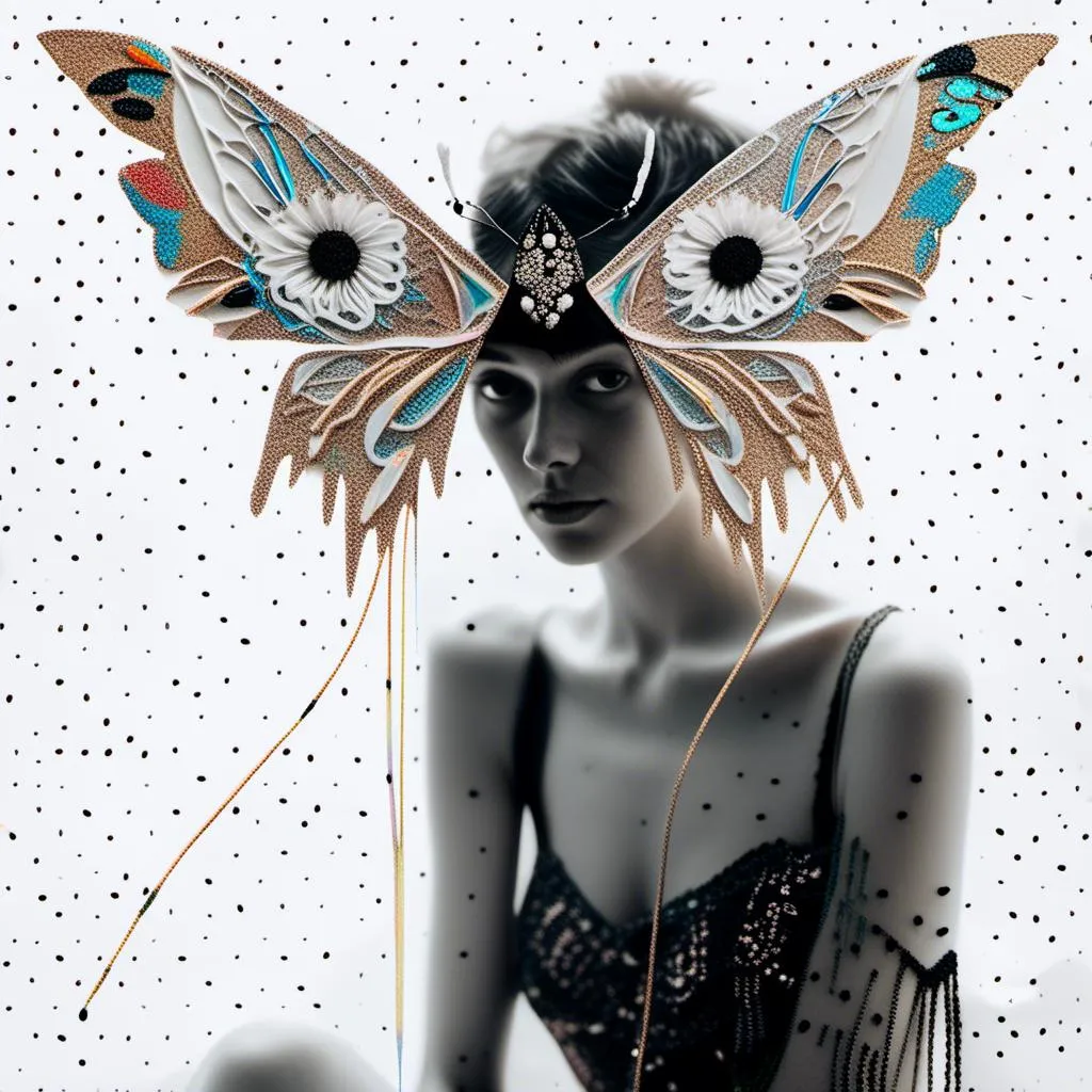 Prompt: a photograph of a woman (color or black and white) with multimedia elements added to create the appearance that she is a beautiful intricate moth, with moth wings and antennae created from paint, paper, photos, glitter, iridescent enamels, nail polish, rhinestones, thread and string, fabric, folded paper etc<mymodel>