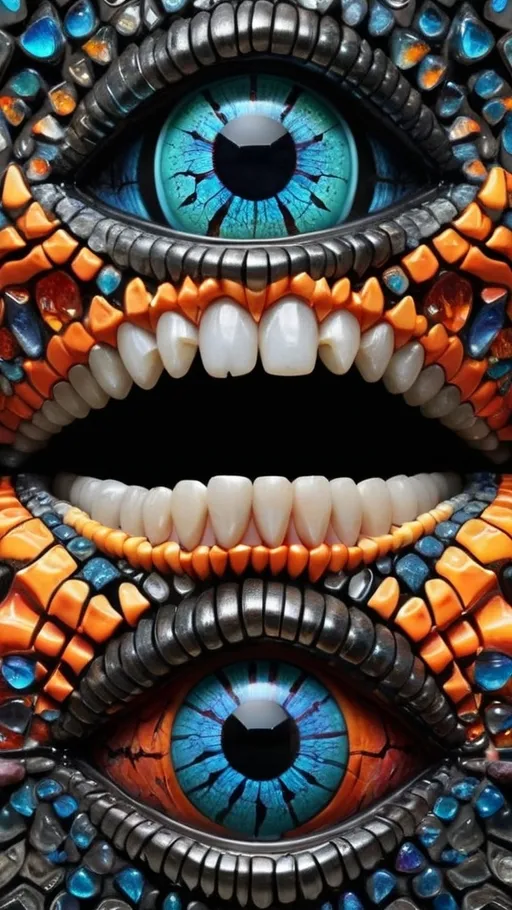 Prompt: Create an extremely hyper-realistic, ultra super textural, weird, trippy, surreal, psychedelic eyes/teeth/mouth pattern/design based on the “labyrinth fractal” & “op art tiling” with lots of human eyes (crazy colorful compound psychedelic), rows of human teeth, human lips, and tongues. 

- **Colors**: determined by the natural properties and expressions of the elements (& their isotopes), raw rough minerals, and metals:
- Molybdenum (Mo)
- Fire Opal
- rough Diamond
- Schorl
- Marcasite

**Shapes and forms**
- main form: “labyrinth fractal”
-other shapes determined by the natural properties and expressions of the elements (& their isotopes), raw rough minerals, metals, and biological organisms: 
- Molybdenum (Mo)
- Fire Opal
- rough Diamond
- Schorl
- Marcasite

- **Textures**: Derived from any/all elements (& their isotopes), minerals, metals, crystals, organic things mentioned in this prompt: 
- “labyrinth fractal”
- Molybdenum (Mo)
- Fire Opal
- rough Diamond
- Schorl
- Marcasite

**Composition and Layout**:
- a pattern/design based on “labyrinth fractal”



**Lighting**
- lots and lots of bright shining reflective light
- opalescence


**Detail and Atmosphere**:
- Extreme hyperrealistic sharp high detail high definition organic and mineral textures
- Psychedelic, weird, odd, surreal atmosphere
- Frozen in time

**Additional Elements**:
- extra rows of teeth, lips, many eyes, “labrynth fractal”, Aventurescence, Chatoyancy
