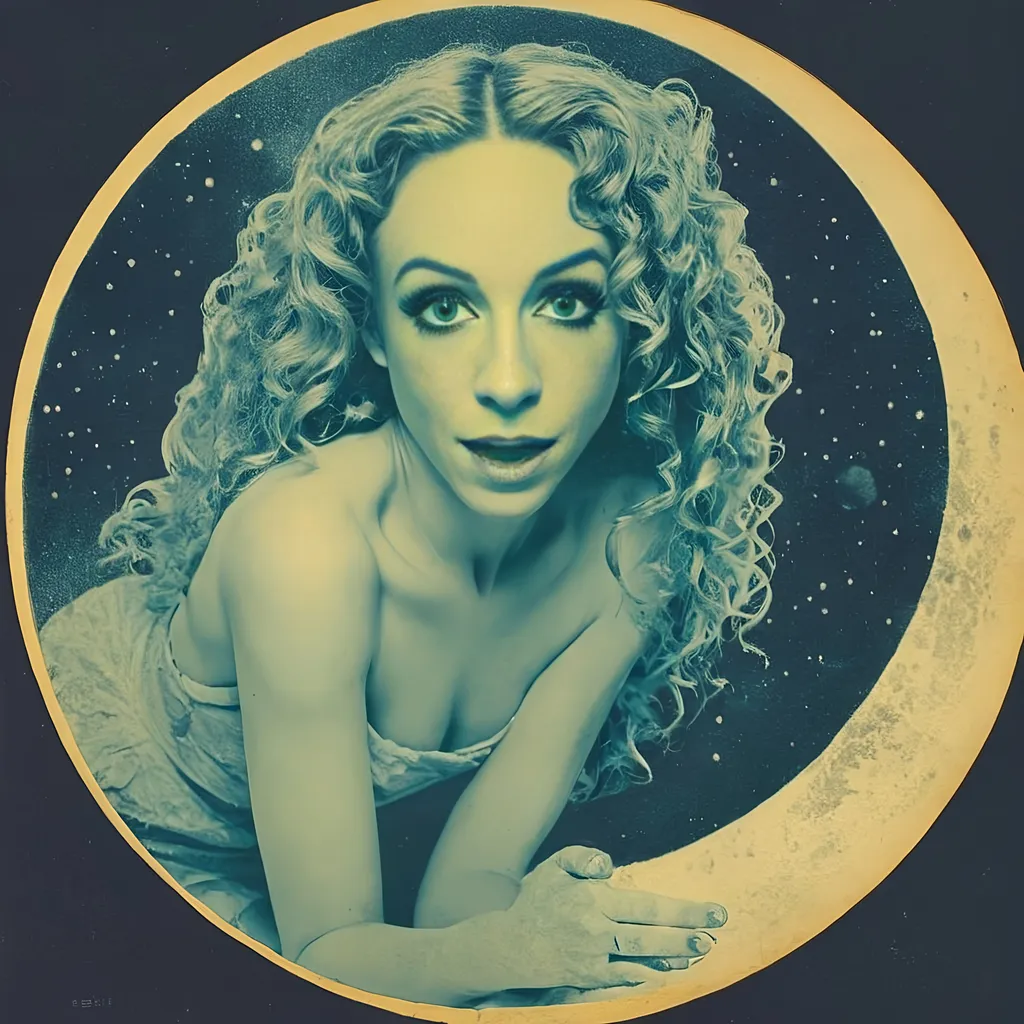 Prompt: Vintage Cyanotype print of a alien girl on the moon, long curly blond hair,  detailed silhouette, vintage artistic style, cool tones, subtle moonlight, high quality, cyanotype print, vintage, detailed silhouette, moon, girl, subtle lighting, cool tones