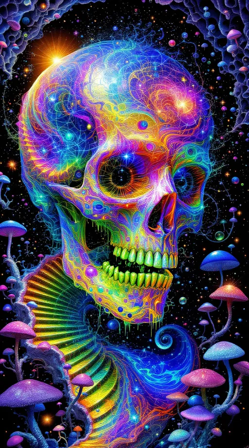 Prompt: Ultra-saturated maximalist hallucination—impossible apparition fractured into paradox, anatomy-but-not-a-person swirling through iridescent Klein-bottle membranes, recursive fractal skull and ribcage tessellating into infinite Möbius mouths and Penrose eyes. Dragonfly wing shimmer, oil-slick overlays, soap bubble diffraction and opal fire optics erupting from surfaces, faces within faces and self-canceling truths inscribed as luminous glyphs.  
Background is a paradox engine—recursive mirrors, infinite Escher staircases looping into Mandelbrot spirals, paradoxical galaxies colliding with fractured hyperbolic lattices, contradiction symbols glowing, cascading detail overload, photoreal textures melting into psychedelic irreality, real and unreal intermingling, vortexes, quantum fractal invasion, mushroom forms intertwined with crystalline gyroid structures and shimmering quantum fluids.  
Overall: dream logic, resolution collapse, maximalist overload, self-referential recursion, vivid color vibrancy, fractalized chaos, boundary dissolution.” 