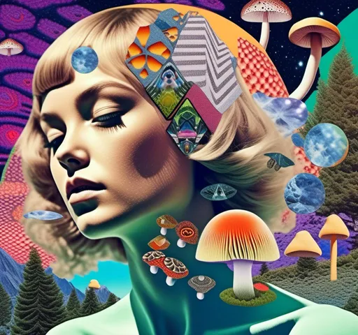 Prompt: a psychedelic collage reminiscent of 70s psychedelic sci fi collage artwork celebrating a girl on mushrooms. It is to feature a photograph of a woman with blond curly hair that is edited by splicing it with other images from photographs, magazines, newspapers, illustrations/paintings to create the impression she is high on magic mushrooms. The work will include such elements as a psychedelic 3rd eye open, stars and planets, trippy optical illusions and patterns, psilocybin cubensis mushrooms, fractals, UFOs, aliens, geometric shapes, auras, rainbow spectrums, sacred geometry, trippy drippy stuff, psychedelic hallucinations, open eyes, landscapes of astral worlds<mymodel>