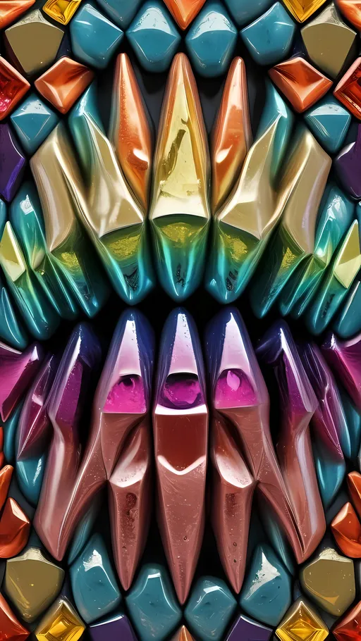 Prompt: Create an extremely hyper-realistic, ultra super textural, weird, trippy, surreal, psychedelic pattern/design based on crystal tiling, with lots of human eyes (crazy colorful compound psychedelic), rows of human teeth, human lips, and tongues. Include mineral crystal accents.

- **Colors**: determined by the properties and expressions of the elements, minerals, and metals: phosphorus, peridot, citrine, tourmaline, pyrite, silver.

**Shapes and forms**
-crystalline (acicular)

- **Textures**: Derived from any/all organic elements, minerals, metals, crystals, organic things mentioned in this prompt.

**Composition and Layout**:
- Spherical layout/composition
- crystal tiling
- hyperbolic forms and structures
-zoomed out creating a surreal pattern/design using arabesque tiling

**Lighting**:
- Lots of bright light

**Detail and Atmosphere**:
- Extreme hyperrealistic sharp high detail high definition organic and mineral textures
- Psychedelic, weird, odd, surreal atmosphere
- Frozen in time

**Additional Elements**:
- Diatoms, extra rows of teeth, lips, many eyes,fungus

Capture this scene using Canon EF 70-200mm t/2.8L IS III USM film