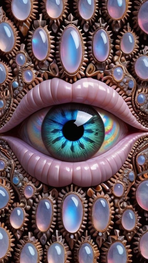 Prompt: Create an extremely hyper-realistic, ultra super textural, weird, trippy, surreal, psychedelic eyes/teeth/mouth pattern/design based on Mandelbrot & “Op Art tiling” with lots of human eyes (crazy colorful compound psychedelic), rows of human teeth, human lips, and tongues. 

- **Colors**: determined by the properties and expressions of the elements (& their isotopes), minerals, and metals: opal, moonstone, Kunzite, selenite, rose quartz, Platinum (Pt)

**Shapes and forms**
- Mandelbrot 
- "Op Art tiling" 
-other shapes determined by the natural properties and expressions of the elements (& their isotopes), minerals, metals, and biological organisms: opal, moonstone, Kunzite, selenite, rose quartz,  Platinum (Pt)


- **Textures**: Derived from any/all elements (& their isotopes), minerals, metals, crystals, organic things mentioned in this prompt: opal, moonstone, Kunzite, selenite, rose quartz, Platinum (Pt)

**Composition and Layout**:
- a pattern/design based on the Op Art tiling & Mandelbrot 

**Lighting**:
- lots of bright light
- Iridescence
- Aventurescence
- Chatoyancy
- Asterism

**Detail and Atmosphere**:
- Extreme hyperrealistic sharp high detail high definition organic and mineral textures
- Psychedelic, weird, odd, surreal atmosphere
- Frozen in time

**Additional Elements**:
- extra rows of teeth, lips, many eyes, Op Art tiling, Mandelbrot, Iridescence
