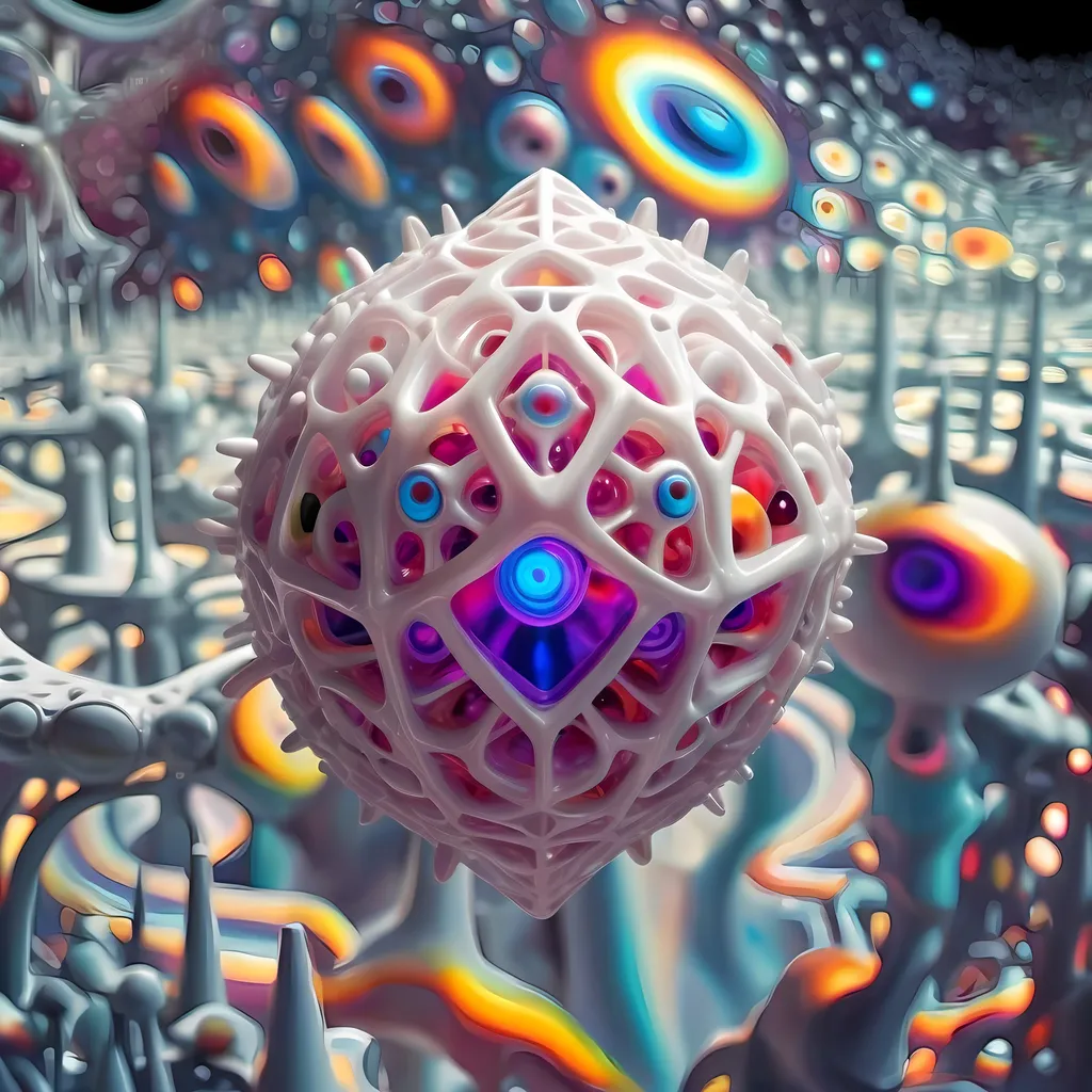 Prompt: a translucent white many sided multidimensional extra dimensional geometric shape churning through many extra dimensions etherically, covered in eyes, biological and mechanical simultaneously with random pops of brilliant vibid psychedelic color 