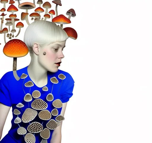 Prompt: a mixed media collage of a girl wearing or growing mushrooms/fungus as clothing body parts and accessories. She is a black and white or halftone photograph, the mushrooms and fungal growths are to be mixed media, including but not limited to paint, enamel, foils, glitter, sparkle, sequins, found objects, natural items, rhinestones etc <mymodel>