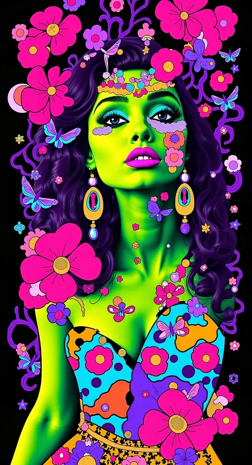 Prompt: <mymodel>Vintage 70s black light poster illustration of a green-skinned retro alien female, long curly hair, futuristic alien fashions, alien makeup, rockabilly pinup style, vibrant neon colors, psychedelic patterns, detailed hair and outfit, high-quality, retro, black light, vibrant colors, psychedelic, 70s style, pin-up, alien fashion, detailed illustration, professional, atmospheric lighting