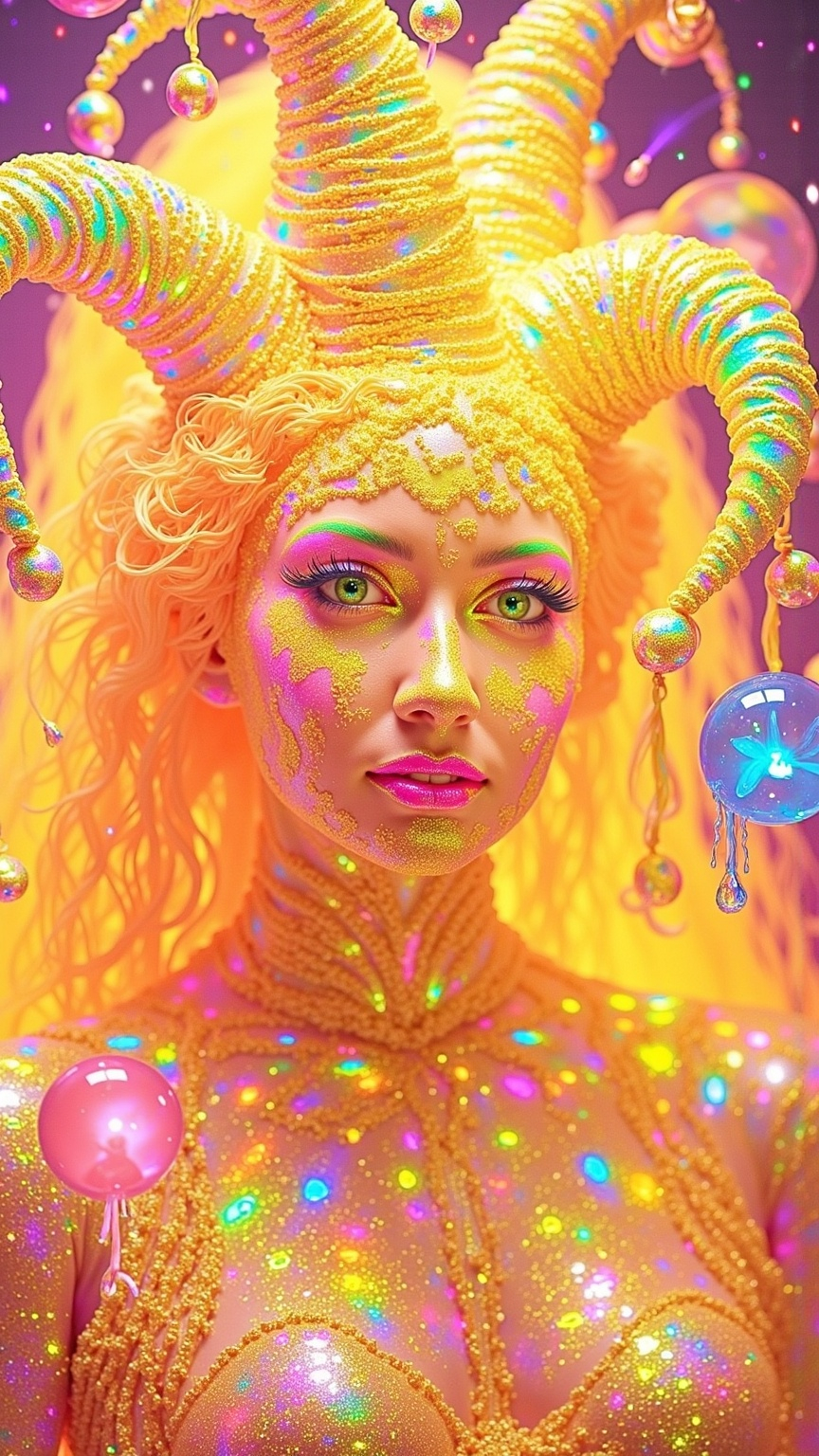 Prompt: A super hyperrealistic yet also illustrative and creative female cosmic jester, made entirely of swirling pure colored light, with long wild curly hair that appears blond but is a dazzling spectrum of hues. She is adorned in beautiful avant-garde "astral" jester's attire, complete with intricate harlequin clown makeup and a HUGELY OVERSTATED jester's hat that twists and bends into impossible, otherworldly shapes. Her hat sparkles with iridescent gems and glowing cosmic patterns, radiating a surreal, trippy energy. Her ensemble includes exquisite, shimmering accoutrements like glowing ribbons of stardust, cascading light veils, and crystalline bells that chime with the sound of distant galaxies. She sparkles, shines, and dazzles in a mesmerizing swirl of ever-changing colors, embodying the essence of cosmic whimsy and wonder. She stands on a floating, kaleidoscopic fractal platform that endlessly morphs and twists through the void of the astral realms. Behind her, a shimmering nebula of liquid rainbow light swirls and pulses, while shimmering comets streak across the scene. The cosmic jester juggles glowing orbs of quantum energy, each orb containing miniature universes that spin and glimmer with infinite possibilities. Her laughter echoes like a symphony of stars, and her every movement leaves trails of dazzling light that ripple like water across the fabric of space-time. The entire scene is awash with iridescent fractal spirals, the platform morphing with Mandelbrot set fractals, while liquid rainbow nebulae and glowing stardust create an atmosphere of pure astral magic.