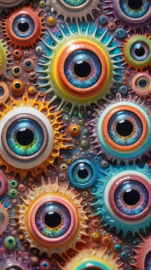 Prompt: an extremely hyper realistic ultra super textural weird trippy surreal psychedelic entity, Apollonian Gaskets, white, translucent, clear, bright bright pastel colors, oil slick rainbow sheen effect, lots and lots of light, lots of crazy colorful compound psychedelic human eyes, rows of human teeth, fungus, atoms, diatoms, Apollonian Gaskets