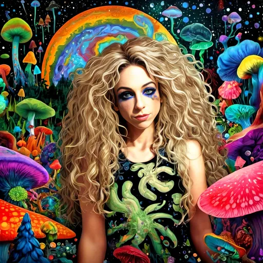 Prompt: A psychedelic trippy bright colorful vivid black light poster illustration of a girl with longish blond curly hair, with psychedelic magic mushrooms, trippy hallucinations, optical illusions and patterns, crystals, moss, forest, moon, geometry fractals