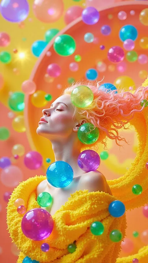 Prompt: A white female figure with a luminous presence, approximately 5’4” and 120 lbs, floats at the heart of a multidimensional sacred harmonic manifold. Her skin glows with iridescent pastel light, and her long, wildly curly pink hair radiates outward like solar flares, interweaving with the surrounding geometry. The manifold around her resembles a Calabi–Yau structure, alive with recursive toroidal flows, Penrose tiling distortions, and golden-ratio helices. Oil-slick iridescence coats the geometry in shifting hues—violet, turquoise, rose-gold—reflecting her inner energetic resonance. Her form is semi-translucent, composed of spectral light and interwoven with fractal circuitry that pulses with chakra-aligned frequencies. Chaotic elements ripple through the environment: Möbius bands twist through dimensionless space, plasma glyphs of forgotten cosmic languages emerge and dissolve, and nonlinear shockwaves of energy disrupt Euclidean order. Behind her, a star-strewn void provides a celestial canvas, pierced by higher-dimensional light flares and fractal starbursts. Her gaze is serene and infinite, as if holding ancient quantum knowledge. The visual texture merges holographic hyperrealism with a delicate analog film grain, evoking the feel of divine cinematography. The composition captures a moment of metaphysical emergence: the soul incarnated as sacred geometry made flesh—both chaotic and ordered, harmonic and wild, divine and personal.
