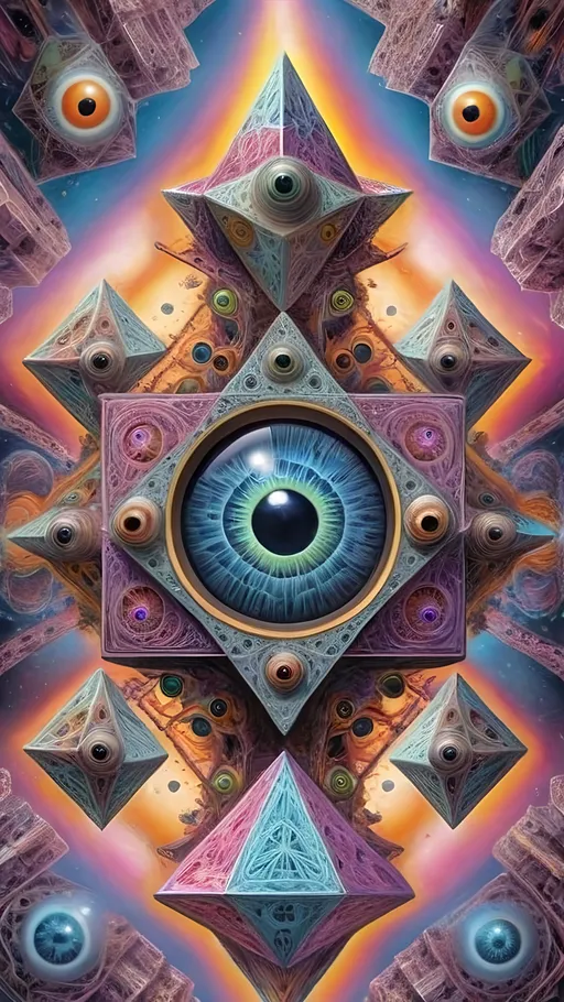 Prompt: A hyperrealistic surreal psychedelic ineffable numinous non-humanoid multidimensional geometric conscious entity, mechanical, biological, extra dimensional, geometric, hypercubes, tesseracts, noneuclidien, lots of crazy psychedelic eyes, extremely highly detailed, looking, observing, gnosis, math, mathematical, fractal, sacred geometry, pastel bright colors, ultra high definition hyperrealism