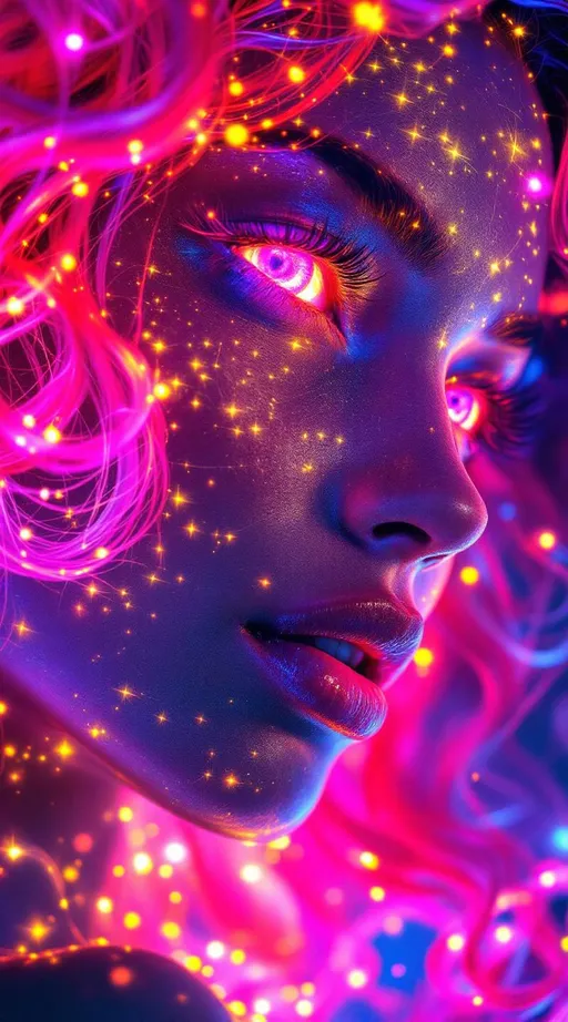 Prompt: Her face is a modular masterpiece—cheekbones traced with the shimmer of moonshine symmetry, every angle tuned to a hidden harmonic. Newton fractal veins glow faintly beneath translucent skin, shifting in color with each emotion. Her eyes burn with prime number fire, irises tiled in Penrose symmetry, blinking with curved light logic. Laughter echoes in Hilbert paths across her cheeks—space-filling joy spirals, soft and bright. Hair spills around her in radiant pink curls, styled by quasiperiodic forces and recursive wave equations—each strand flowing in luminous fractal tension. Geometry pulses at the hairline, recursive symbols glinting in neon mathdust. She is wrapped in hyperbolic aura-rings, layered in color-feedback like living topology, her presence refracting sacred math through joy, emotion, and colorfields.”

⸻

Visual Keywords:
Modular face symmetry, Newton glow skin, Penrose-tiled irises, Hilbert smile trails, pink recursive curls, fractal symbol halo, hyperbolic color aura, neon mathdust, prime fire eyes