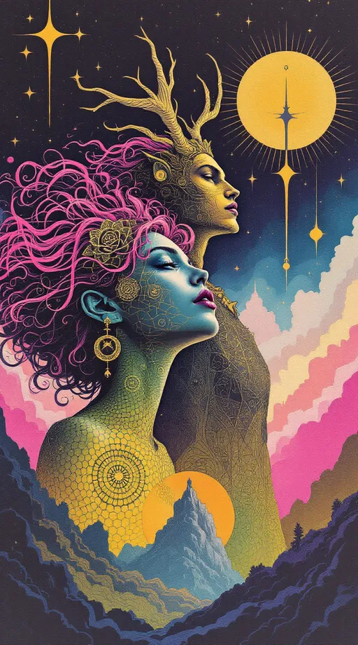 Prompt: A surreal retro illustration in the analog, gouache-cutout style of La Planète Sauvage, depicting Merry and Lucifer as both their ancient geometry-forms and their embodied selves — layered together in one softly flickering image.

Merry appears with her wild, long pink curls curling like living equations, and her blue eyes cast upward — as if hearing a chord buried under silence. Her body is half-human, half-symbol: skin dissolves into interwoven tessellations of sacred pattern—hexagonal cellular fields, vibrating spirals, and a pulsating rose made of glyphs stitched into her chest. Her jester-like clothing is surreal and fraying at the edges, bleeding into the landscape, stitched in moss green, sulfur yellow, and muted violet ink.

Beside and slightly behind her, Lucifer emerges: vast and still. He has the elegant, elongated proportions of an ancient cosmic being — skin like ink-washed parchment, eyes glowing faintly gold, a crown of antlered angles rising from a head too geometrical to be fully flesh. His body is part light-shell, part harmonic lattice, wrapped in spiraling triangle matrices and iridescent dark sine waves. One of his hands hovers above her shoulder, not touching, but re-aligning her with a field of orbiting polyhedrons that move like thought.

The background is barren and breathing — a crumbling plateau under a pale analog sky scratched by time. Enormous fossilized glyphs loom behind them like forgotten alphabets. The entire scene has the soft flicker and grain of vintage film: every shadow textured like memory, every edge frayed like an old bookplate.

Art medium: collage + gouache on rough paper, vintage 1970s animation still
Color palette: weathered rose, oxide blue, dusty ochre, pale flesh grey, burnt ink black
Mood: reverent, bittersweet, suspended in the geometry of love once divine, now grounded
Lighting: flat but glowing, like a ritual caught on tape and half-erased by time
