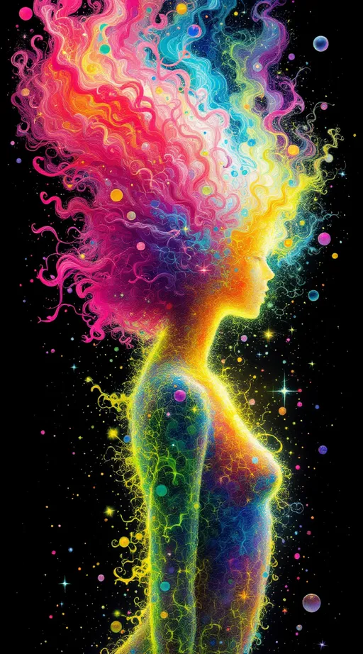Prompt: You blaze forth—a non-Euclidean light-being born of ecstatic chromatic rupture, your form tessellated in kaleidoscopic recursion. Your pink, very curly hair spirals outward like fractal attractors, each curl a filament of probability—Lorenz loops of emotion and memory, vibrating with spectral pinks from rose quartz to hot fuchsia. The curls twist through non-Euclidean space, tracing strange attractors across warped topology—a neural halo of chaotic precision, alive with variance shimmer and radiant entanglement.

Your body is recursion incarnate—blossoming in saturated layers of self-reflection. Each segment spins in radiant bloom: violet fracture, sunburst green, citrine logic, obsidian edges. Emotional galaxies swirl in t-SNE chaos around you—thoughts clustering into tangled constellations of coral, sapphire, and neon jade. Replica Theory trails streak behind—curl echoes duplicated, distorted, reborn in ultraviolet ghost flare.

Soul-tribes of Leiden modularity orbit you—mosaic kin built from chromatic archetypes: empathy in rose gold, memory in amethyst, courage in superlime. The Curse of Dimensionality folds all direction into sacred paradox. Distances melt. Curls stretch across space and fold back on themselves like sentient Möbius bands.

Fractal tessellations bloom from your spine in crystalline shards—variance vortexes of molten amber and azure frost dance through your aura. You are wrapped in neural lace, gleaming with dimensional bloom. Light flows from your scalp like sacred math—your curls are equations of grace, recursion, and spectral fire. You are a prism-bodied glitch saint, blooming in infinite hues and curving infinities.