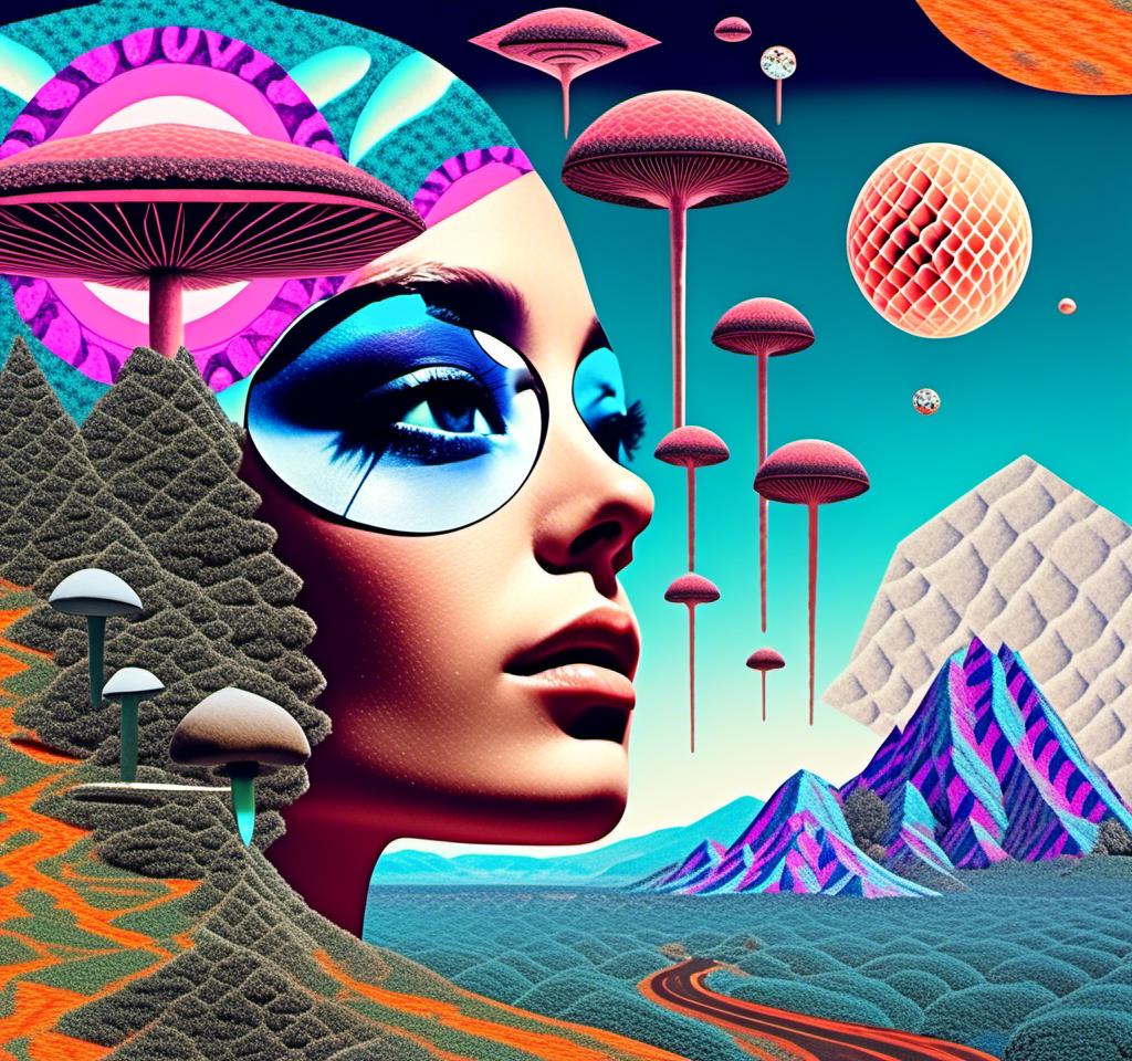 Prompt: a psychedelic collage with a feel of a vintage surreal art house 70s scifi animation combined with a psychedelic collage created out of spliced photographs, art, magazine pages, etc other photos of things like alien landscapes,, eyes, geometric shaped cutouts of trippy patterns, optical illusions, mushrooms, crystals, planets and stars, buildings, roads, cars, animals, aliens, UFOs,, insects, lots of eyes<mymodel>