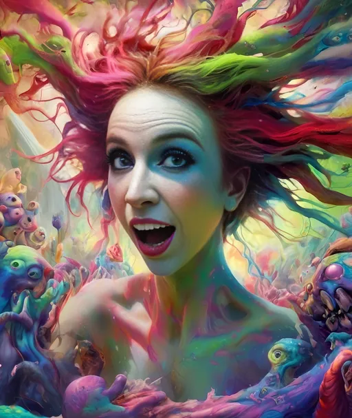 Prompt: Extreme psychedelic hyperrealism- Super high definition ultra textural Weird creepy happy joy psychedelic creature thing, surrealism, detailed, highres, intense colors, eerie lighting, bizarre features, unsettling atmosphere, but happy and bright, love, good vibes, otherworldly, distorted proportions, mind-bending, dreamlike, abstract,, organic textures