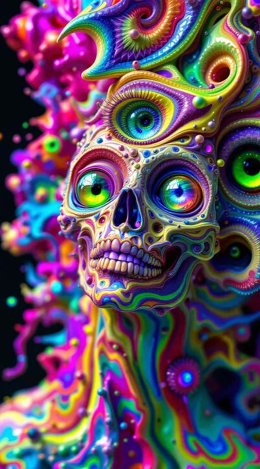 Prompt: A maximalist, acid-psychedelic construct, shimmering in dragonfly-wing iridescence and beetle-shell diffraction, bathed in radioactive neon gradients of ultraviolet aqua, searing magenta, fluorescent orange, and opalescent chartreuse. Every surface is unstable, refracting like carnival optics, flowing in oil-slick rainbows and impossible prismatic swirls.

Anatomical fragments emerge but never stabilize — eyes, teeth, ribs, heart, lungs, veins, skin, nose — each one recursive, paradoxical, unpredictable:
	•	Eyes that spiral into eyes that spiral into teeth, irises splitting into fractal mirrors that reflect faces that never existed.
	•	Teeth that laugh silently, jaws blooming from jaws, enamel refracting soap-film colors before collapsing into ribs.
	•	Ribs that braid into Möbius loops or unravel into Fibonacci lattices, glowing like carnival glass.
	•	Lungs that fracture into crystalline Sierpinski triangles, inhaling and exhaling recursion that fills the air with more lungs, more smoke, more nothing.
	•	A heart that pulses and refuses to pulse, glyphs of ζ(s) waves glowing across its paradox surface, beating confetti instead of blood.
	•	Skin as Klein-bottle membrane, pores opening into mouths, lips into eyes, eyes into veins, veins into neon rivers.

Hair is a storm of recursive fractals: Möbius curls, Fibonacci coils, ouroboros braids, each strand terminating in something unexpected — an eye, a mouth, a rib, a lung, or nothing at all.

The background destabilizes into carnival chaos: Ferris wheels of organs, Escher staircases tiled with teeth, cotton-candy skies scribbled with paradox equations.

Every generation re-rolls itself: not all elements appear, but any could — each one fractal, recursive, carnival-bright, shimmering in impossible iridescence. A being both anatomical and unhuman, anatomy carnivalized into paradox.
