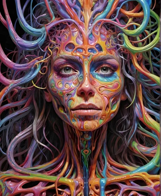 Prompt: Psychedelic hallucination, human being/body melting psychedelicly - skeleton, female, long curly hair, muscular system, muscles, bones, organs, guts melting, oozing, dissolving into fractals. 9of reality melting, ego death, melty, melting, drippy, drips dripping, Ooze, oozing, Alex grey, fractals, visionary, psychedelic, trippy, weird