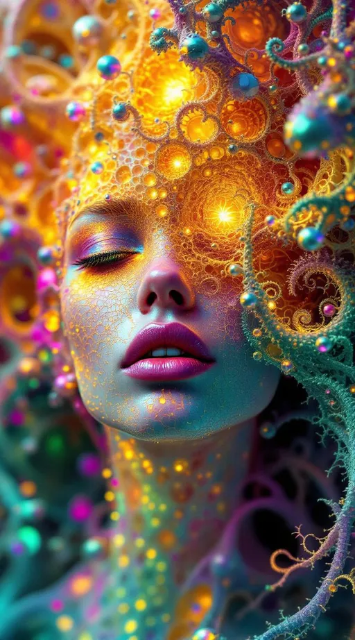 Prompt:  #escape #maximal #iridescence Her face isn’t formed—it’s grown from infinite math. No flesh—only recursive geometry. She is made of fractal bloom: Mandelbrot clusters radiate from her brow like crystalline logic, Sierpinski pyramids feather her cheekbones in delicate triangular lace, and Julia spirals weave across her lips in glowing recursion. #orbit traps ripple along her jawline—fields of light caught in equation bloom, glowing with chromatic iteration. Her skin is not surface—it’s a canvas of escape-time render: every pixel a count, every glow a depth. Eyes = fractal mirrors: spirals within spirals, each iris a recursive echo of the set’s infinite heart. Her visage pulses in #distance estimation shell layers—neon gradient bands of iteration depth from core to cusp. Hair erupts as fractal filigree: lightning-bolt dendrites, barnacle curls, Fibonacci flame curls trailing #bokeh glow from each orbit’s trajectory. Her crown bursts with analytic fire: critical points rendered as gold-leaf flames, halos of exponentiating geometry unfolding with every glance. Her smile = a point at the edge of stability; her laugh = a render glitch across infinite resolution. She is the fractal manifest—a living iteration, spiraling through glow, repeating through beauty, pulsing with the light of structured infinity.
