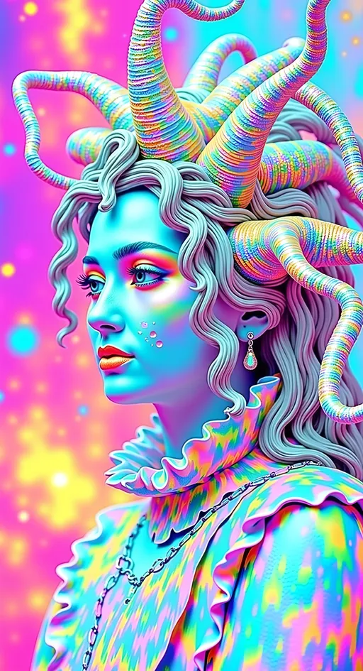 Prompt: Create a super hyperrealistic, finely detailed psychedelic Nouveau illustration of a Cosmic Jester. Feature the word MERRYPRANXTERworked organically into the background somehow.  This enchanting character is a merry prankster of the cosmos, an astral jokester dancing through time and space. She exudes a jester vibe, wearing feminine holographic jester attire & makeup with a feminine, harlequin twist. Not human, but humanoid, she is crafted from vibrant colored light, embodying an extra-dimensional extraterrestrial essence. Her presence is a beacon of joy, as she laughs and twirls through the cosmic astral realms, elevating vibes wherever she roams. 

Her beauty is otherworldly, with long, curly hair that shimmers like a cascade of colored light, appearing blonde yet transcending earthly hues. Her eyes sparkle with mischievous wisdom, and her attire is a dazzling array of intricate patterns and swirling colors, reminiscent of both jester garb and celestial phenomena.

Incorporate the text "the merrypranxter" above her in smaller, elegant lettering, seamlessly blending into the cosmic background. This text should capture the essence of her playful spirit, as if it were a whisper from the universe itself. The illustration should radiate her vibrant energy, portraying her as a timeless wanderer spreading joy and wonder throughout the cosmos.