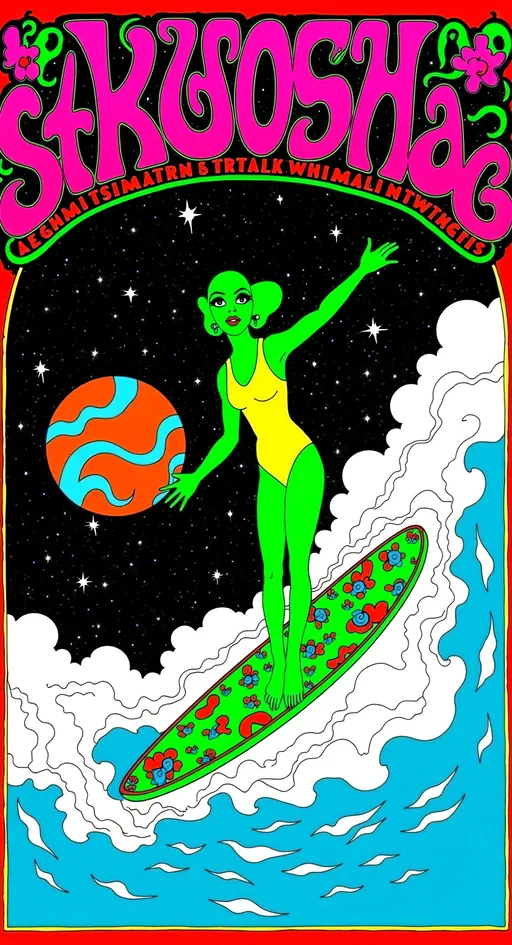 Prompt: **Astral Surfing - AI Art Prompt**

Create an artwork featuring an iconic green-skinned alien babe, rocking a retrofuturistic swimsuit that blends vintage style with sleek, modern design. Picture her surfing an astral wave of shimmering astral light, gliding effortlessly through the vast expanse of the astral plane.

She's "hanging 10," her toes gripping the edge of a metallic, futuristic surfboard that gleams with an otherworldly sheen. The board is adorned with intricate patterns and glowing accents, reflecting the advanced technology of her cosmic culture.

Her expression is one of pure joy and exhilaration, as she rides the astral wave with the grace and skill of a seasoned surfer. Her bald conical head and large, solid black almond-shaped eyes add an extra layer of mystique to her carefree demeanor.

The background is a dazzling display of cosmic elements—swirling nebulae, twinkling stars, and trails of astral light that create a sense of motion and energy. These elements flow around her, enhancing the dynamic and vibrant atmosphere of the scene.

Incorporate surfing terms like "carving" and "cutback" to describe her fluid movements as she navigates the astral waves with precision and flair. Let her pose and the overall composition capture the thrill and freedom of surfing through the cosmos.

Balance hyperrealistic textures with an illustrative, artistic style, capturing the playful and adventurous essence of this astral surfing queen. Let the fine details and vibrant colors transport viewers into a realm where surfing meets the extraterrestrial, in a celebration of cosmic joy and exploration. 🌌🏄‍♀️👽

Let this prompt inspire a piece that's as dynamic and visually captivating as it is uniquely yours!