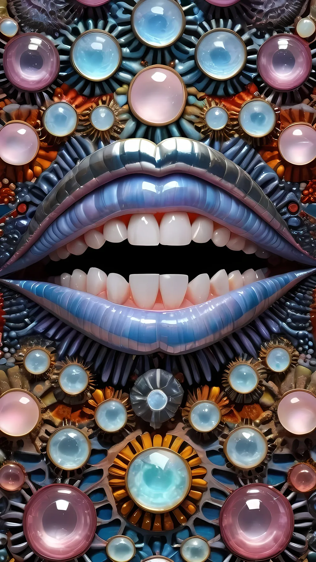 Prompt: Create an extremely hyper-realistic, ultra super textural, weird, trippy, surreal, psychedelic eyes/teeth/mouth pattern/design based on Mandelbrot & “Op Art tiling” with lots of human eyes (crazy colorful compound psychedelic), rows of human teeth, human lips, and tongues. 

- **Colors**: determined by the properties and expressions of the elements (& their isotopes), minerals, and metals: opal, moonstone, Kunzite, selenite, rose quartz, Platinum (Pt)

**Shapes and forms**
- Mandelbrot 
- "Op Art tiling" 
-other shapes determined by the natural properties and expressions of the elements (& their isotopes), minerals, metals, and biological organisms: opal, moonstone, Kunzite, selenite, rose quartz,  Platinum (Pt)


- **Textures**: Derived from any/all elements (& their isotopes), minerals, metals, crystals, organic things mentioned in this prompt: opal, moonstone, Kunzite, selenite, rose quartz, Platinum (Pt)

**Composition and Layout**:
- a pattern/design based on the Op Art tiling & Mandelbrot 

**Lighting**:
- lots of bright light
- Iridescence
- Aventurescence
- Chatoyancy
- Asterism

**Detail and Atmosphere**:
- Extreme hyperrealistic sharp high detail high definition organic and mineral textures
- Psychedelic, weird, odd, surreal atmosphere
- Frozen in time

**Additional Elements**:
- extra rows of teeth, lips, many eyes, Op Art tiling, Mandelbrot, Iridescence
