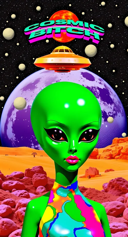 Prompt: **Cosmic Bitch - AI Art Prompt**

Create an artwork featuring the phrase "Cosmic Bitch" in a bold, sassy, girly futuristic tech font. The centerpiece is a stunning green-skinned alien female with a large somewhat conical shaped bald head & large solid black almond shaped eyes, exuding sass and confidence, dressed in avant-garde high fashion with a futuristic twist. Her ensemble is adorned with intricate accessories that scream alien chic.

Incorporate a vibrant UFO hovering in the scene, brimming with colorful lights that dance across the canvas. The background is a bustling outer space landscape, complete with an alien planet, swirling asteroids, and cosmic wonders. Alien glyphs are subtly woven into the design, adding an enigmatic touch.

The entire scene is a whirlwind of activity, filled with intricate details that draw the eye to every corner. From the tiniest star to the grandest asteroid, let no space go unadorned. The result is a masterpiece of cosmic chaos and extraterrestrial elegance.

Now, go forth and let your AI art creation shine in all its interstellar glory! 🌌👽✨