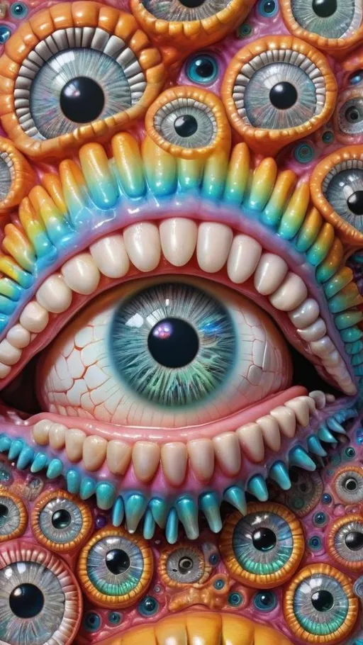 Prompt: an extremely hyper realistic ultra super textural weird trippy surreal psychedelic entity, Tessellation, white, translucent, clear, bright bright pastel colors, oil slick rainbow sheen effect, lots and lots of light, lots of crazy colorful compound psychedelic human eyes, rows of human teeth, fungus, atoms, diatoms, Tessellation