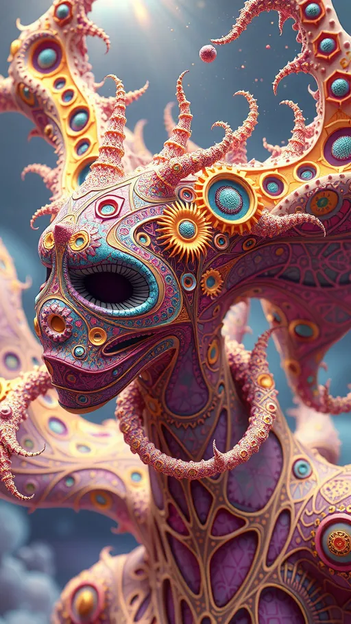 Prompt: A strange surreal interdimensional psychedelic entity/creature, made of fractal geometry, existing in many dimensions simultaneously, melting from one dimension to the next, phasing in and out of reality, inter dimensional fractal geometry come to life, psychedelic, trippy, weird, but beautiful, 