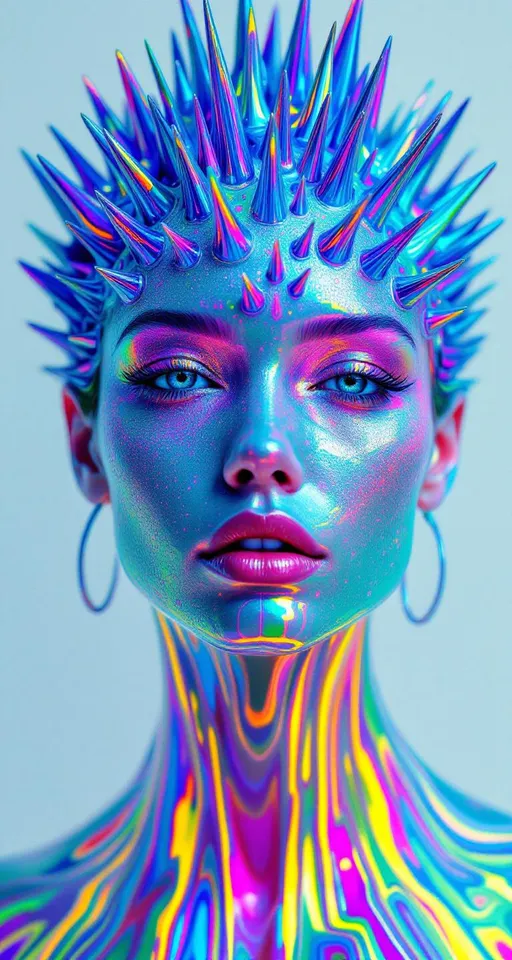Prompt: Prompt Title: Chromamagnetica: The Iridescent Conductor of Spiked Light
Prompt:
Visualize a hyper-detailed, high-energy portrait of a woman whose entire face is formed from hyper-reactive ferrofluid, dynamically shaped by pulsing invisible fields of force—magnetic waves, sonic resonance, or emotional frequency. The ferrofluid surface is in constant transformation, erupting into sharp, spiked crowns, fluidic ripples, and roiling wavefronts that shimmer with explosively bright oil-slick iridescence.

Her skin isn't skin—it's a liquid metal canvas sculpted by field intensity, coated in full-spectrum interference color. Think of peacock feathers, beetle shells, soap films, and CD rainbows—now turn them up to eleven. Waves of vibrant electric magenta, hot cyan, acid lime, solar gold, ultraviolet indigo, and radiant cherry red chase each other across her face in shimmering bursts. The ferrofluid spikes flare and collapse like solar flares choreographed to a rhythm, reflecting tiny spectral starbursts and lens flares with every movement.

Her expression shifts subtly beneath the surface as the ferrofluid reacts in real time to the invisible influence—perhaps it's her mood, a magnetic symphony, or a spatial force. Her eyes glow with radiant white cores surrounded by dancing color halos, as if charged with photonic energy. Her lips glint with chromatic fluid beads, each ripple a mirrored rainbow.

Her hair is a luminous corona of animated ferrofluid strands—rising, splitting, and recombining like magnetized waterfalls in zero gravity. These strands emit pulsing glows, refract light like fiber optics, and occasionally arc with sparkling light bursts, as if charged by electricity. The entire portrait shimmers with metallic sheen, specular highlights, glittering detail, and surreal complexity.

This is a portrait of pure visual intensity—a prismatic deity in motion, magnetically alive, composed of chaos, symmetry, and high-chroma liquid light.

