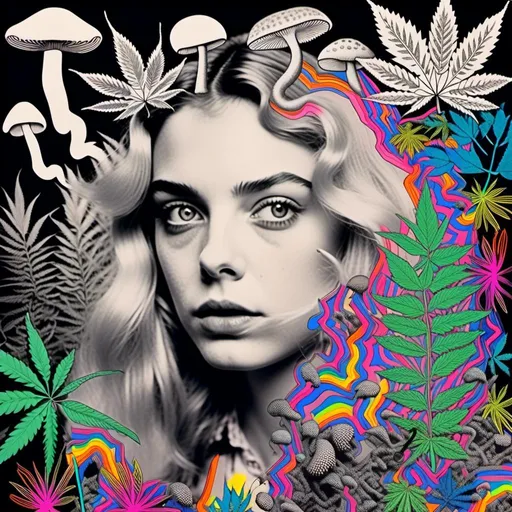 Prompt: <mymodel>Mixed media collage of a girl with long blond curly hair and blue eyes, black and white photograph, pops of vibrant color with cannabis leaves, mushrooms, smoke and fractals in the background, hand-colored, high contrast, psychedelic, detailed facial features, vintage style, atmospheric lighting