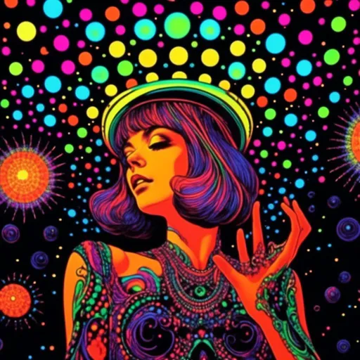 Prompt: <mymodel>Vintage 70s black light poster art illustration, girl hallucinating in space, psychedelic mushrooms, planets, moons, stars, fractals, vibrant colors, intense black light effects, detailed psychedelic girl, cosmic atmosphere, high quality, psychedelic, vintage, space, vibrant colors, fractal details, hallucination, girl illustration, retro art style, cosmic lighting