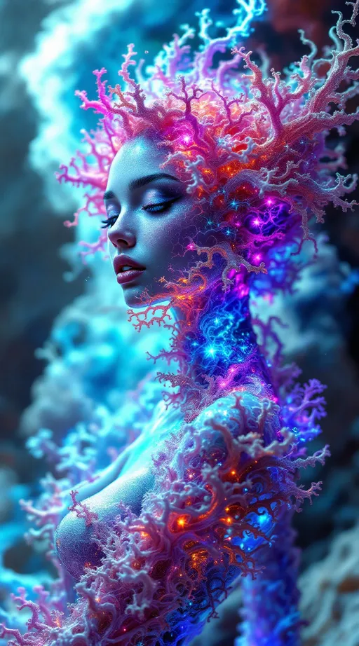 Prompt: Depict a surreal, multidimensional female figure—Merry—composed entirely from a living equation known as Fractal Drift in Hyperspace. Her body is sculpted from quaternionic Julia sets warped through Perlin noise and Möbius-space distortions, forming an endlessly flowing geometry. Self-similar coral-like filaments shimmer with radiant neon: hot pink, electric teal, oil-slick violet, and shimmering white. Her form is in constant, graceful flux—twisting inside-out along slow Möbius turns, subtly vanishing and reappearing like a being out of phase with known dimensions.

Hair becomes a halo of recursive fractal tendrils, sparkling with chaotic color harmonics, each strand flickering like data streaming from a dream. Her eyes are wells of curved spacetime, glowing black-indigo with gravitational pull. Her expression flickers across recursive interference waves—always shifting, always almost recognizable. Her skin is not skin, but compressed time rendered in color and motion.

Behind her, the void blooms into Recursive Graviton Bloom—a hyperbolic tiling in the Poincaré disk model, patterned in infinite nested symmetry. The grid curves and distorts from simulated gravitational lensing, giving it a warped-glass elegance. Through it drift Lorenz-attractor light filaments—ribbons of gold, red, blue, and ultraviolet, spiraling through space like alien synaptic pathways. A layer of Fourier interference waves rolls across the scene like a cosmic pulse, syncing to Merry’s breath. The entire scene feels sentient—as though space itself is watching her unfold.