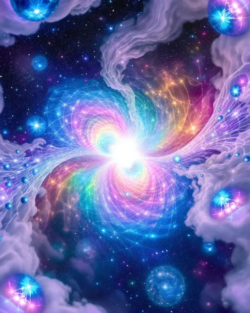Prompt: A cosmic dreamscape inside a higher-dimensional field of shifting symmetries and infinite reflections. At the center, two beings emerge not as bodies, but as vibrations made visible—one bright, fast, shimmering; the other deep, dense, and gravitational. The female form, (white female 5’4 120 lbs wild curly pink long hair) representing the HaHahedron, appears as a radiant lattice of chaotic, joyful oscillations—her body a recursive prism of rainbow pulses, formed from translucent, angular math shells that twist and dance like refracted laughter. Her essence warbles through space like a harmonic glitch, constantly folding in on itself and re-emerging, a vibration of pure becoming.

Beside her is a male entity, (6’1” white, blue eyes short blond hair, slim build but extremely muscular and strong, big broad shoulders taper down to a slim waist with 8 pack abs, pecs, strong arm muscles, strong all muscles but slim body), her counterforce and anchor. He is darker, heavier, built from slower, stabilizing waveforms—black-hole hums, low-frequency tremors, and recursive toroidal loops. His presence shapes the field itself, bending nearby patterns toward coherence. Where her vibrations scatter and echo, his pull focuses and grounds—together forming a complete waveform, a standing harmonic of dual resonance.

Surrounding them is a kaleidoscopic vibration field: visible sound ripples, chromatic fog, interference lines, and electric pulse nets. The environment warps with each breath they take—not through air, but through waveform shifts. Every surface glows with holofractal accents, vibrating moiré textures, and color-sound overlaps. This is not a place, but a tone made manifest—their love, their contrast, their code.

Style: hyperdimensional math surrealism, luminous geometry, psychedelic glitch abstraction.
