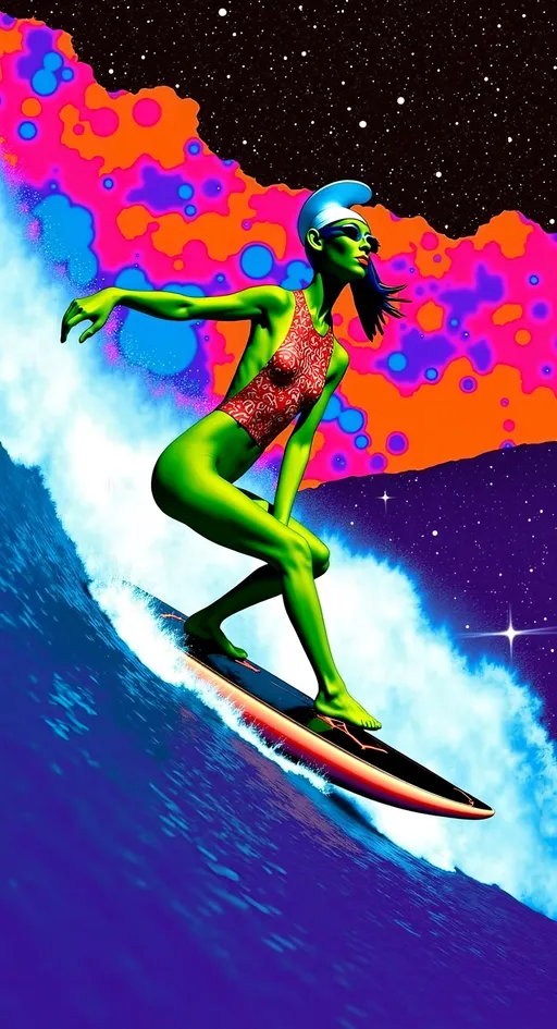 Prompt: Let's add that cosmic phrase into the mix:

**Astral Surfing Queen - AI Art Prompt**

Create an artwork featuring our iconic green-skinned alien babe, rocking a retrofuturistic swimsuit that blends vintage style with sleek, modern design. Picture her surfing an astral wave made entirely of vibrant colored light and abstract astral matter, gliding effortlessly through the vast expanse of the astral plane.

She's "hanging 10," her toes gripping the edge of a metallic, futuristic surfboard that gleams with an otherworldly sheen. The board is adorned with intricate patterns and glowing accents, reflecting the advanced technology of her cosmic culture.

Her expression is one of pure joy and exhilaration, as she rides the astral wave with the grace and skill of a seasoned surfer. Her bald conical head and large, solid black almond-shaped eyes add an extra layer of mystique to her carefree demeanor.

The background is a dazzling display of cosmic elements—swirling nebulae, twinkling stars, and trails of astral light that create a sense of motion and energy. The astral wave itself is a dynamic flow of luminous colors and abstract forms, embodying the ethereal and ever-changing nature of the astral realm.

Incorporate the text phrase "SURF THE ASTRAL" in a bold, glitchy, futuristic style that complements the vibrant and dynamic nature of the scene. The text should integrate seamlessly into the composition, enhancing the theme and adding a narrative element to the artwork.

Balance hyperrealistic textures with an illustrative, artistic style, capturing the playful and adventurous essence of this astral surfing queen. Let the fine details and vibrant colors transport viewers into a realm where surfing meets the extraterrestrial, in a celebration of cosmic joy and exploration. 🌌🏄‍♀️👽

Let this prompt inspire a piece that's as dynamic and visually captivating as it is uniquely yours!