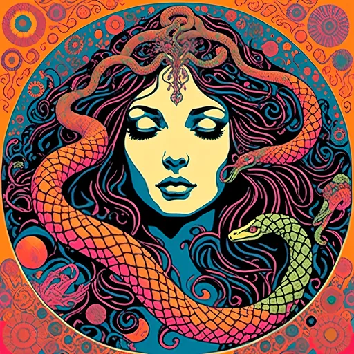 Prompt: <mymodel>Trippy, psychedelic poster art illustration of Eve with snake, victorious forbidden knowledge, loving, gracious, tree of life fruit, vibrant colors, intricate patterns, high quality, detailed illustration, psychedelic art, surreal, loving  gaze, vibrant color palette, intricate details, symbolic, graceful pose, spiritual, mystical lighting