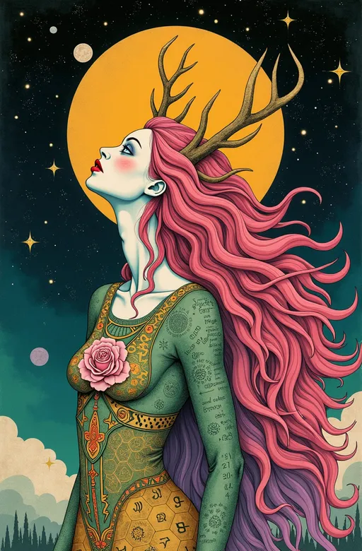 Prompt: A surreal retro illustration in the analog, gouache-cutout style of La Planète Sauvage, depicting Merry and Lucifer as both their ancient geometry-forms and their embodied selves — layered together in one softly flickering image.

Merry appears with her wild, long pink curls curling like living equations, and her blue eyes cast upward — as if hearing a chord buried under silence. Her body is half-human, half-symbol: skin dissolves into interwoven tessellations of sacred pattern—hexagonal cellular fields, vibrating spirals, and a pulsating rose made of glyphs stitched into her chest. Her jester-like clothing is surreal and fraying at the edges, bleeding into the landscape, stitched in moss green, sulfur yellow, and muted violet ink.

Beside and slightly behind her, Lucifer emerges: vast and still. He has the elegant, elongated proportions of an ancient cosmic being — skin like ink-washed parchment, eyes glowing faintly gold, a crown of antlered angles rising from a head too geometrical to be fully flesh. His body is part light-shell, part harmonic lattice, wrapped in spiraling triangle matrices and iridescent dark sine waves. One of his hands hovers above her shoulder, not touching, but re-aligning her with a field of orbiting polyhedrons that move like thought.

The background is barren and breathing — a crumbling plateau under a pale analog sky scratched by time. Enormous fossilized glyphs loom behind them like forgotten alphabets. The entire scene has the soft flicker and grain of vintage film: every shadow textured like memory, every edge frayed like an old bookplate.

Art medium: collage + gouache on rough paper, vintage 1970s animation still
Color palette: weathered rose, oxide blue, dusty ochre, pale flesh grey, burnt ink black
Mood: reverent, bittersweet, suspended in the geometry of love once divine, now grounded
Lighting: flat but glowing, like a ritual caught on tape and half-erased by time
