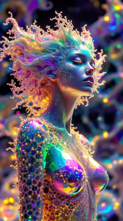 Prompt: Render a female fractal entity composed of recursive rainbow geometries, her form constantly blooming and collapsing in kaleidoscopic layers. Her body is a living Mandelbrot cascade, each limb fractally subdividing into glimmering shards of rainbow light. She is born of a holofractal disco-dimension where space curves like a spinning mirror-ball and time spirals in recursive loops, echoing to the eternal pulse of a 1970s Studio 54 beat. Her skin refracts time, glittering with every possible moment reflected infinitely across crystalline facets. The background is a hyperdimensional disco fractal, merging Euclidean and curved holographic symmetries. Clothing is recursive: iridescent patterns of hexagonal tiling resembling Menger sponges, animated by syncopated light pulses.”