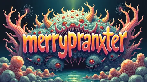 Prompt: Create the word "merrypranxter" in a psychedelic handwritten style. The background should feature an extremely hyper-realistic, ultra-textural, weird, trippy, surreal psychedelic entity. Incorporate rows of human teeth, tongues, and lips, intertwined with Saprolegnia, Hydrodictyon, Volvox, and Buckminsterfullerene. Use a palette of translucent whites, bright platinum, vibrant pinks, yellows, greens, oranges, and teals. Infuse the composition with abundant light and a multitude of colorful, compound psychedelic human eyes. Emphasize extreme high definition with organic and mineral textures, enhancing the surreal atmosphere.