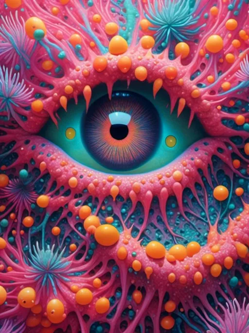 Prompt: <mymodel>an extremely hyper realistic super textural psychedelic entity/creature, trippy, weird, surreal, fractals, multidimensional geometric shapes, eyes, human teeth, lots of light, bright pastel colors, luminous, glowing, extremely textural, pinks, greens, oranges, yellows