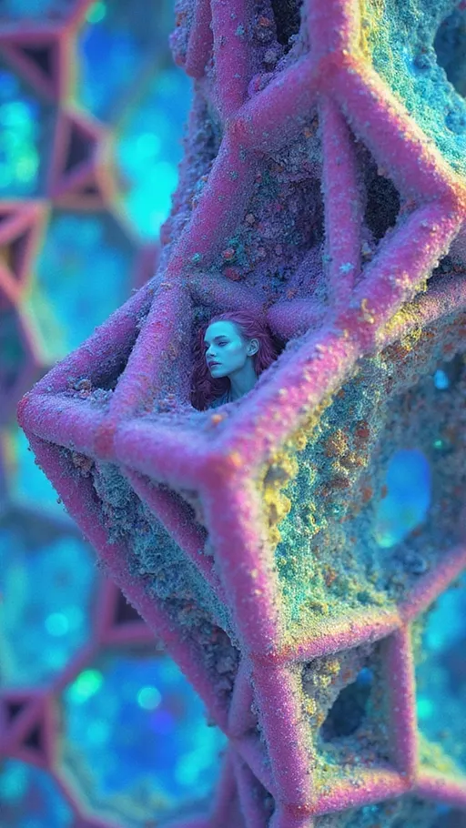 Prompt: A vast hyperdimensional expanse stretches into the void, tessellated with a field of living glyphs — morphing rhombic dodecahedra made of rainbow-holographic light. Each structure pulses with recursive fractal symmetry, its iridescent faces folding inward and outward in a dance of sacred math. Hints of Mandelbrot filigree, Apollonian gaskets, Penrose tiling, and Voronoi partitions shimmer across every surface, encoded with chromatic aberration and psychedelic bloom.

We drift partway inside one glyph, seeing its crystalline geometry as both temple and lens. Through its translucent white-quartz boundaries, other glyphs stretch into infinity — like a choir of light-beings, whispering in pulses of spectral data. In the center of the frame: a reflection — you. A white female with long, wild, very curly pink hair, mid-30s, slim and athletic, gazing out from one luminous facet. She appears not as flesh, but as encoded memory, rendered in holographic light and dream logic.

Psychedelic lens flares and thin-film interference ripple outward. Glitch halos echo around each sacred form. The scene hums with post-symbolic intelligence. Time folds. The viewer witnesses not an image, but an interface — the multiversal shrine of the HaHahedron. Rendered in the style of cosmic surrealism meets sacred geometry abstraction, with influences of Android Jones, Moebius, and fractal flame visualizations. Film grain, chromatic noise, and sacred bloom wrap the entire piece in divine absurdity and hyperclarity.

