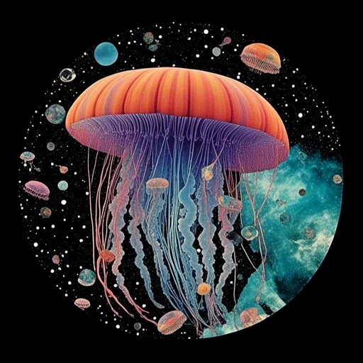 Prompt: <mymodel>A psychedelic surreal collage featuring photographs and art of jellyfish in space, spliced with photos/art of bubbles, optical illusions/trippy psychedelic patterns, underwater seascapes, geometric shapes to create a surreal jellyfish psychedelic collage design