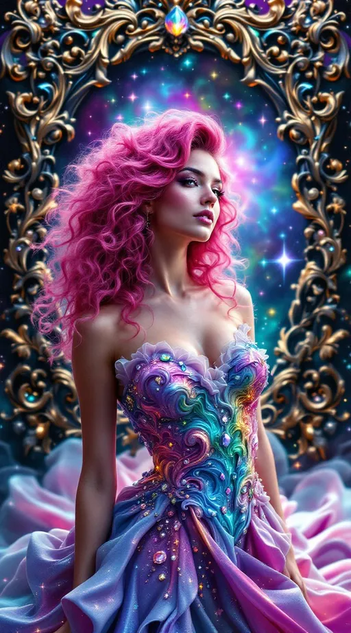Prompt: A hyperrealistic waist-up portrait of Merry — vibrant pink curly hair cascading in waves of shimmering gradients, surrounded by a massive, centered, elaborately ornate baroque-rococo frame that fills past the edges of the image, crafted from twisting, rolling, undulating fractals, holographic chrome, and black-silver metallic textures encrusted with jewels, pearls, and glowing gems. The frame is alive with melting, recursive shapes and hyper-detailed swirling filigree. Inside the frame: a cosmic, starry, prismatic background with exploding rainbow gradients and intense dynamic lighting, casting multi-colored highlights and shadows. Merry’s clothing is a tight, sensual, but fully covered fractal gown made of infinitely recursive holofractal geometry, glowing and sparkling with vibrant rainbow energy, embedded gemstones, and flowing luminous fabric that shifts from liquid-like folds to crystalline edges. Every surface — frame, dress, background — pulses with neon, iridescence, and microscopic detail, like a fusion of luxury couture, psychedelic mathematics, and opulent fantasy. Ultra-high detail, extreme depth of field, cinematic lighting, 8k resolution.
