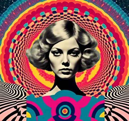 Prompt: <mymodel>Psychedelic trippy collage with a surreal vintage 70s sci-fi feel, vibrant colors, retro futuristic elements, surreal landscapes, detailed psychedelic patterns, high quality, vintage sci-fi, mixed with photograph of a woman with blond curly hair, geometric shape and optical illusions, vibrant colors, surreal, detailed patterns, trippy, collage, 70s, retro futuristic, eyes, surreal landscapes, detailed, atmospheric lighting