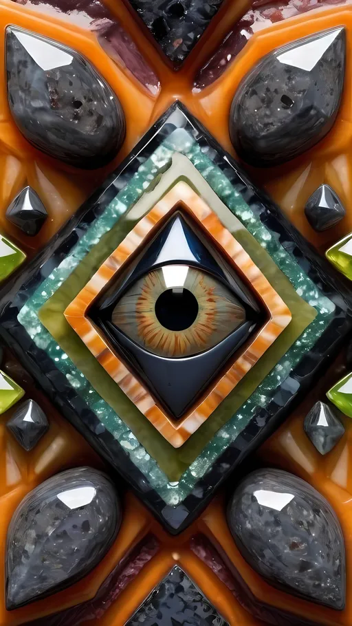 Prompt: Create an extremely hyper-realistic, ultra super textural, weird, trippy, surreal, psychedelic eyes/teeth/mouth pattern/design based on the “Merkaba” & “op art tiling” with lots of human eyes (crazy colorful compound psychedelic), rows of human teeth, human lips, and tongues. 

- **Colors**: determined by the natural properties and expressions of the elements (& their isotopes), raw rough minerals, and metals:
- Molybdenum (Mo)
- brass
- Rhodonite
-sulfur
- Wulfenite
-“Cobaltoan Calcite“
- Tsavorite
- peridot
- “Black Kyanite“
- Hematite

**Shapes and forms**
- main form: “ Merkaba(s)”
-other shapes determined by the natural properties and expressions of the elements (& their isotopes), raw rough minerals, metals, and biological organisms: 
- “Hyperbolic Plane”
- Molybdenum (Mo)
- brass
- Rhodonite
-sulfur
- Wulfenite
-“Cobaltoan Calcite“
- Tsavorite
- peridot
- “Black Kyanite“
- Hematite

- **Textures**: Derived from any/all elements (& their isotopes), minerals, metals, crystals, organic things mentioned in this prompt: 
- “Merkaba(s)”
- Molybdenum (Mo)
- brass
- Rhodonite
-sulfur
- Wulfenite
-“Cobaltoan Calcite“
- Tsavorite
- peridot
- “Black Kyanite“
- Hematite

**Composition and Layout**:
- a pattern/design based on “Merkaba(s)”
- 3 dimensional


**Lighting**
- lots and lots of bright shining reflective light
- iridescence


**Detail and Atmosphere**:
- Extreme hyperrealistic sharp high detail high definition organic and mineral textures
- Psychedelic, weird, odd, surreal atmosphere
- Frozen in time

**Additional Elements**:
- extra rows of teeth, lips, many eyes, “Merkaba(s)”, Aventurescence, Chatoyancy
