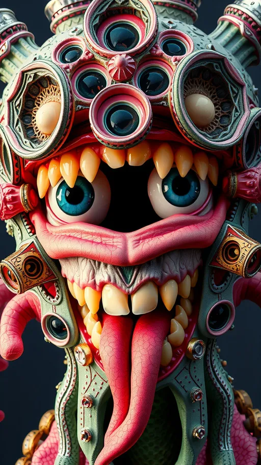 Prompt: Create an extremely hyper-realistic, ultra super textural, weird, trippy, surreal, psychedelic eyes/teeth/mouth creature/entity based on “metatron’s cube” with lots of human eyes (crazy colorful compound psychedelic), rows of human teeth, human lips, and tongues. 

- **Colors**: determined by the properties and expressions of the elements (& their isotopes), minerals, and metals: Nickel (Ni), Aventurine, Chrysoberyl

**Shapes and forms**
- “Metatron's Cube”
-other shapes determined by the natural properties and expressions of the elements (& their isotopes), minerals, metals, and biological organisms: diatoms, Nickel (Ni), Aventurine, Chrysoberyl


- **Textures**: Derived from any/all elements (& their isotopes), minerals, metals, crystals, organic things mentioned in this prompt: “Metatron's Cube” Nickel (Ni), Aventurine, Chrysoberyl

**Composition and Layout**:
- a pattern/design based on the “Metatron's Cube”

**Lighting**lots and lots of bright shining reflective light
- Trichroism


**Detail and Atmosphere**:
- Extreme hyperrealistic sharp high detail high definition organic and mineral textures
- Psychedelic, weird, odd, surreal atmosphere
- Frozen in time

**Additional Elements**:
- extra rows of teeth, lips, many eyes, diatoms, “Metatron's Cube” , Aventurescence, Chatoyancy
