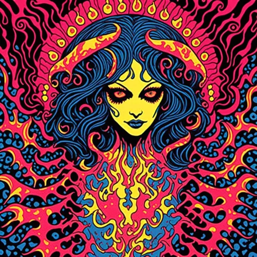 Prompt: <mymodel>Trippy, psychedelic, poster art of succubus, goat skins, latex, dancing in hellfire, high quality, vivid colors, surreal, detailed flames, dark and vibrant, artistic interpretation