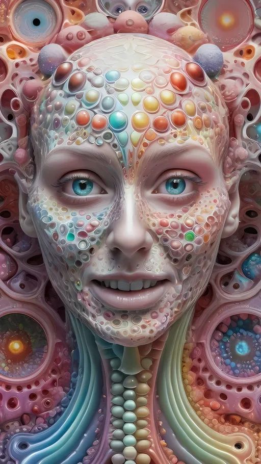 Prompt: an extremely hyper realistic ultra super textural weird trippy surreal psychedelic entity, Quadrifolium Curve, apollonian gaskets, catenoids, white, translucent, clear, bright bright feminine pastel colors, oil slick rainbow sheen effect, lots and lots of light, lots of crazy colorful compound psychedelic human eyes, rows of human teeth, fungus, atoms, diatoms, enneper sufaces, apollonian gaskets, Quadrifolium Curve